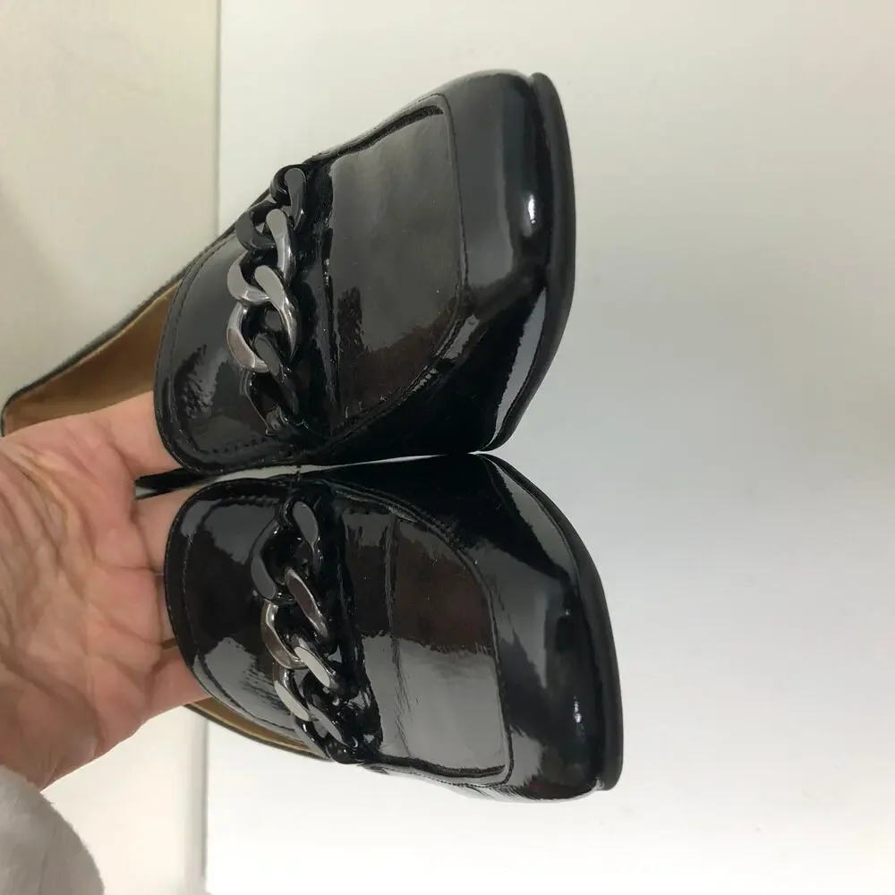 Naturalizer Pump Black Patent Faux Leather Block Heel Square Toe Chain Bit 7.5